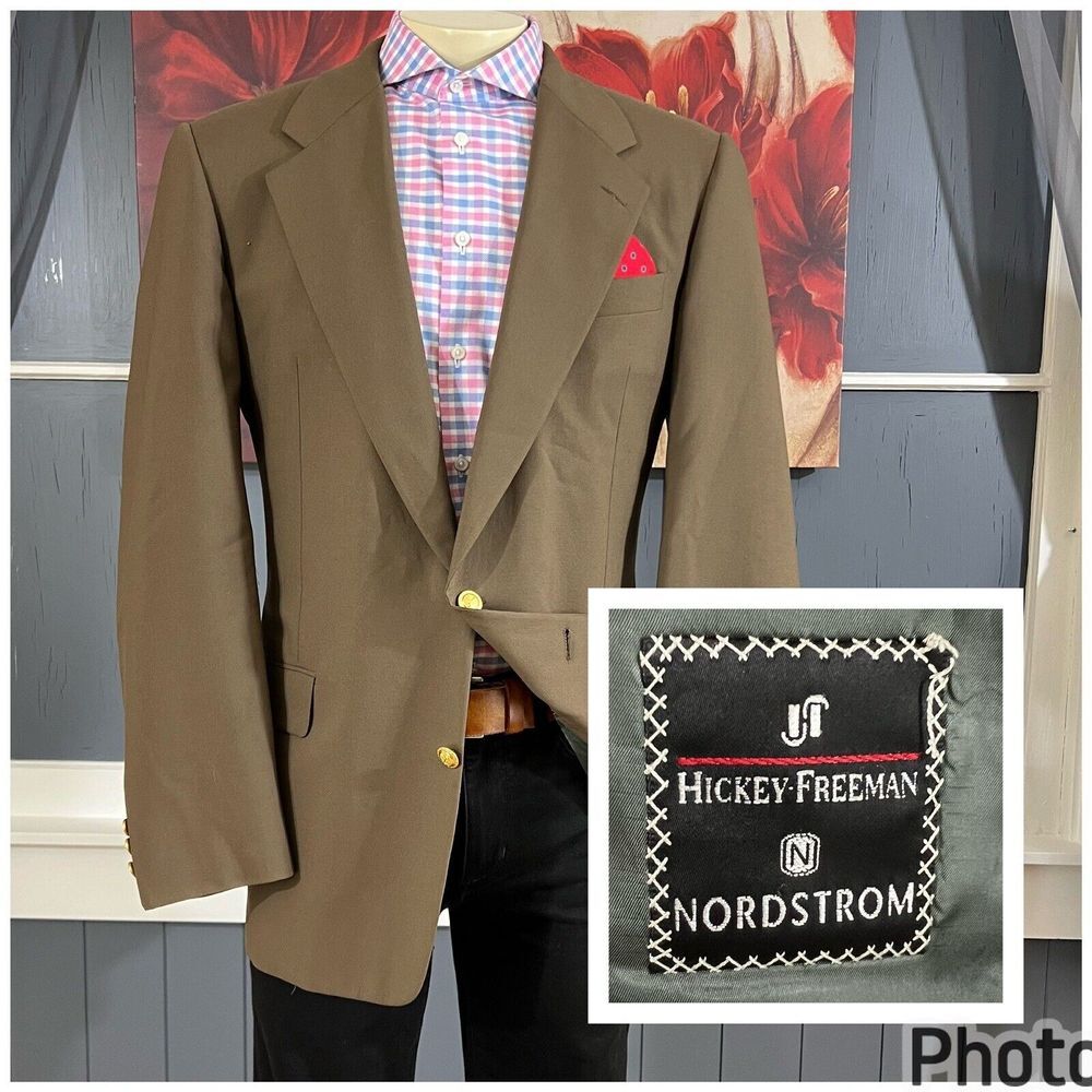 Hickey Freeman Canterbury Blazer Men 43L Long Wool Golden Buttons Jacket Stretch